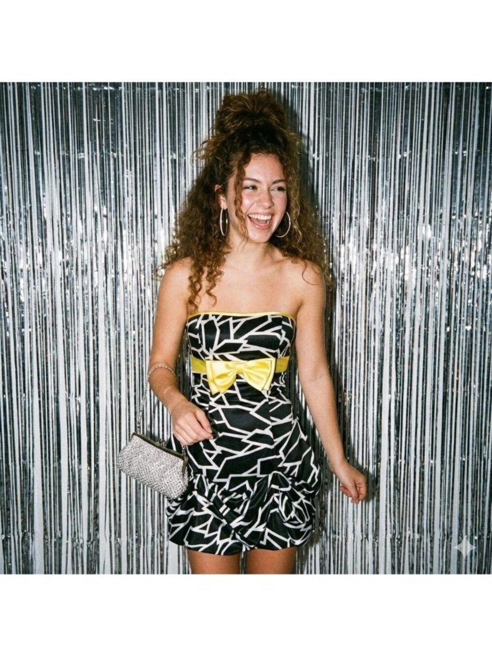 Vintage Y2K Gunne Sax Strapless Mini Bubble Dress Black Yellow Pop Punk Size 3